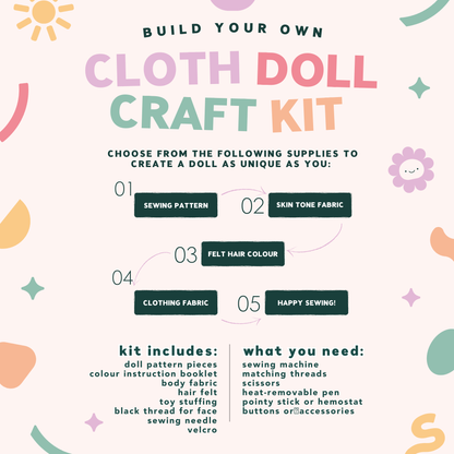 Build your own cloth doll craft kit with dress pattern - florals