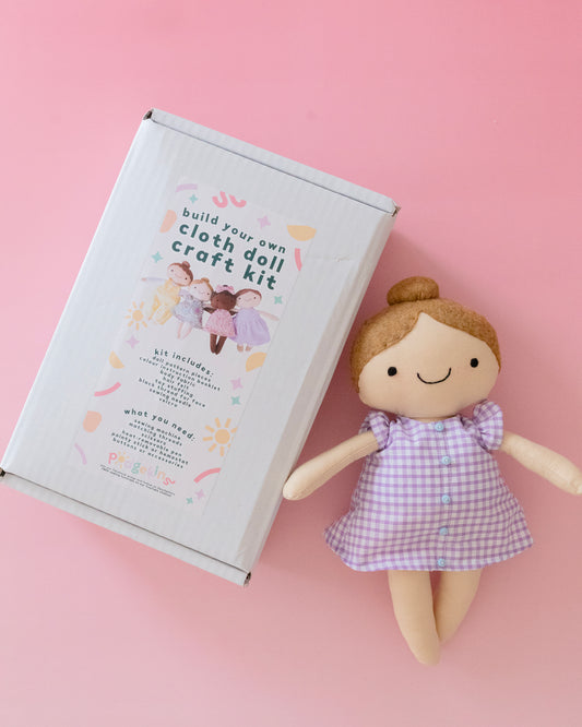 Build your own cloth doll craft kit with dress pattern - gingham