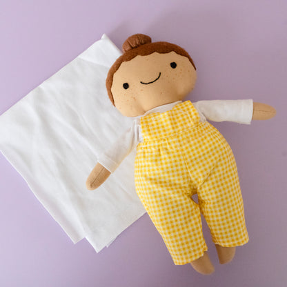Build your own cloth doll craft kit with DUNGAREES pattern - GINGHAM