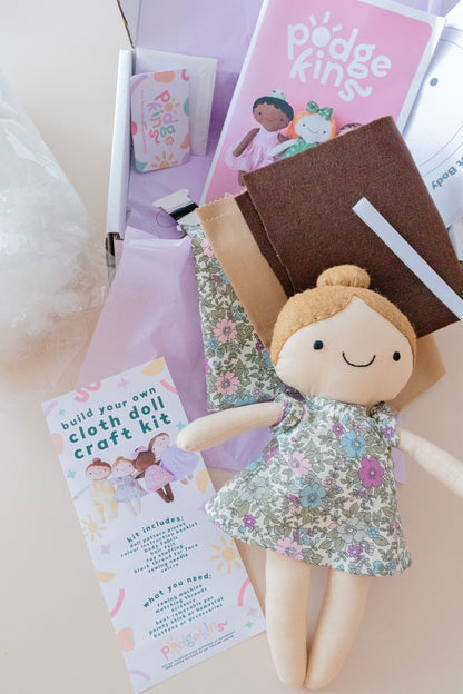 Build your own cloth doll craft kit with dress pattern - florals