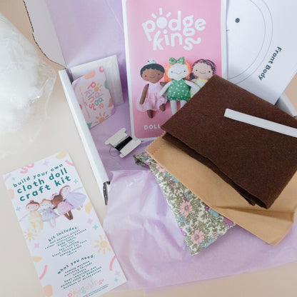 Build your own cloth doll craft kit with dress pattern - florals